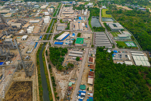 Aerial view of oil and gas industrial in Rayong province. Refinery factory oil storage tank.