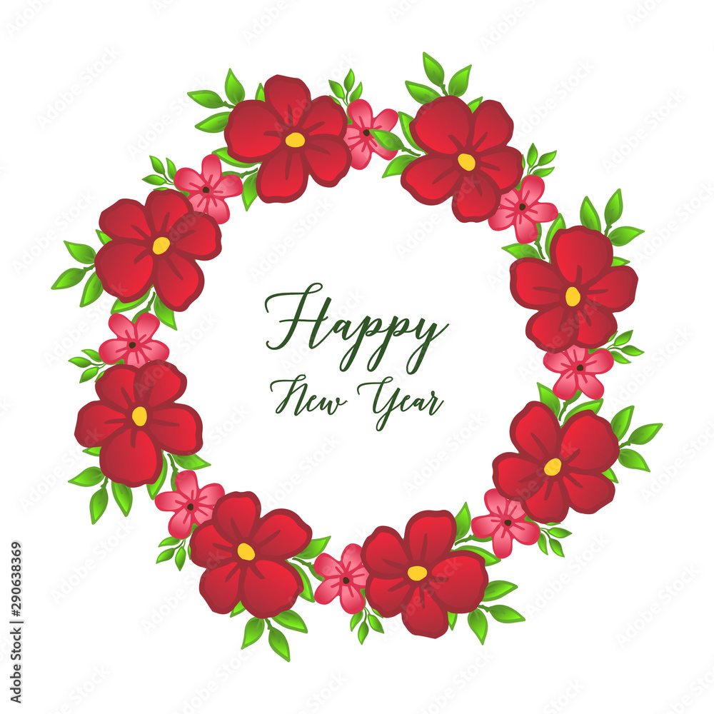 Banner happy new year, decoration of red flower frame. Vector