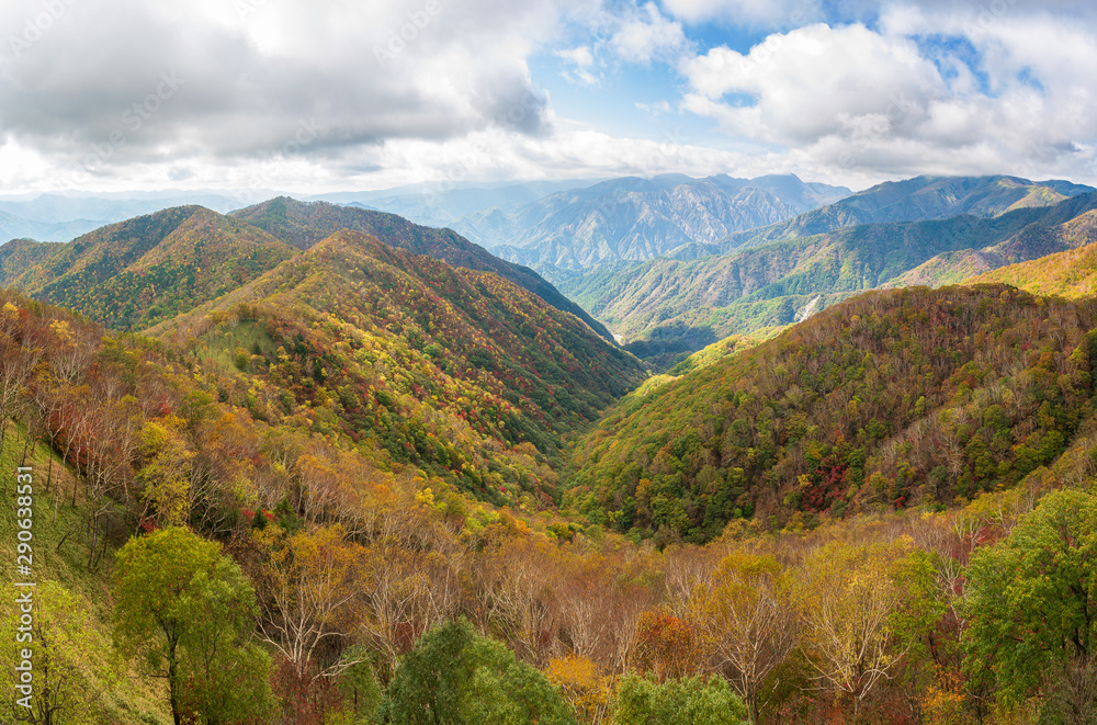 Panoramic view of Oku-Nikko mountain range in beautiful colorful autumn season, Nikko, Japan.