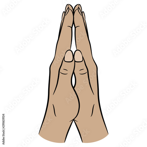 Isolated vector illustration. Two human hands folded in pray. Cartoon style.
