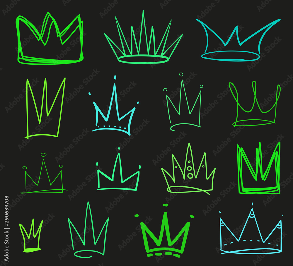 Crowns on isolated black. Hand drawn simple objects. Line art. Colorful illustration. Sketchy elements for design