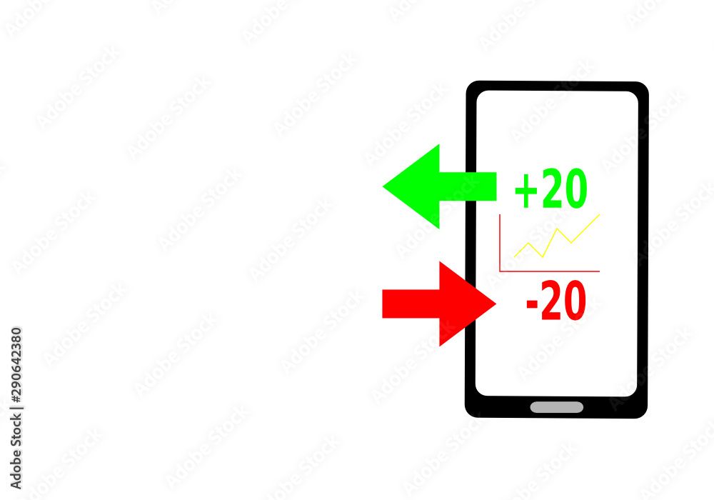 mobile phone with green and red arrow graph and letter mobile phone with green and red arrow graph and letter
