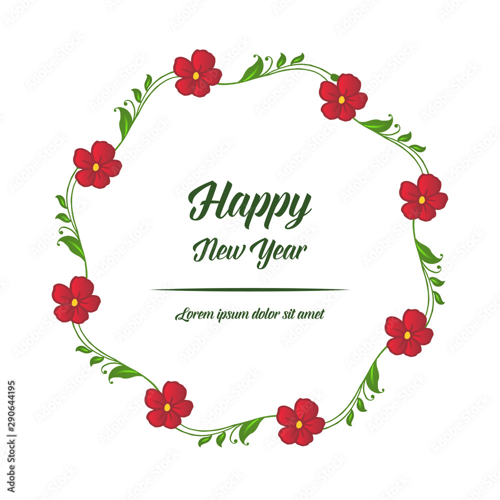 Modern lettering happy new year, with motif of leaf floral frame. Vector