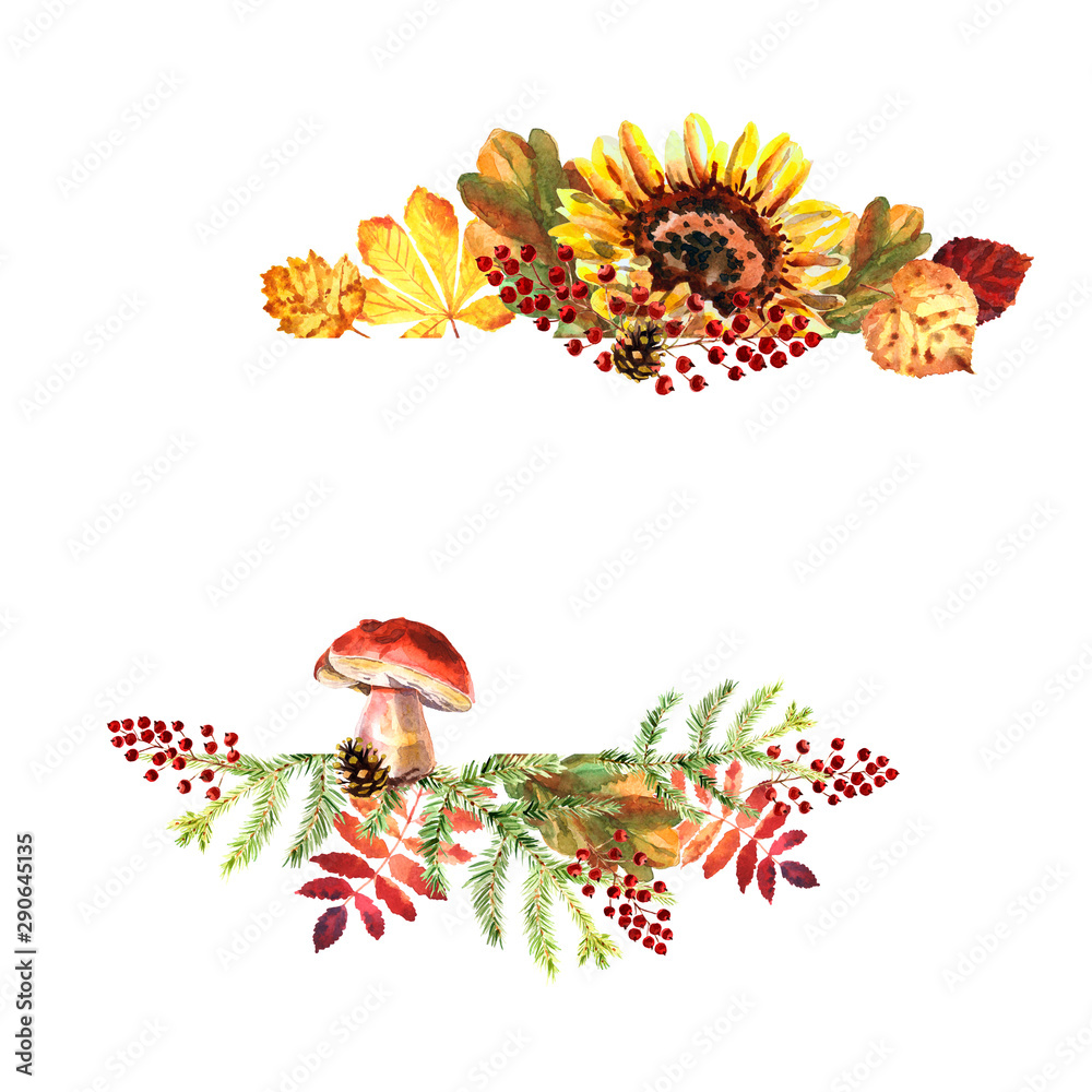 Naklejka premium Watercolor autumn frame with leaves, berries and mushrooms