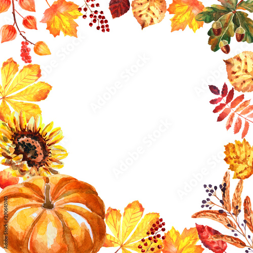 Watercolor autumn frame with leaves  berries  pumpkin and sunflower