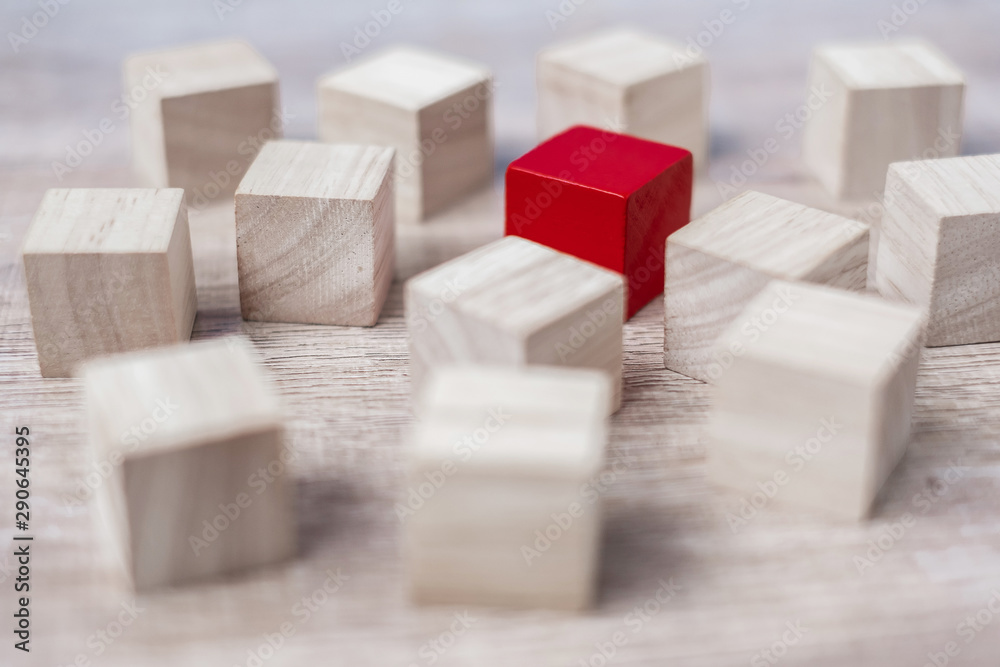 Red cube block different from crowd of wood blocks. Unique Leader, strategy, independence, think different, business and success concept Red cube block different from crowd of wood blocks. Unique Leader, strategy, independence, think different, business and success concept
