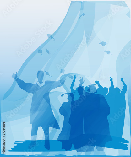 Gration celebration with graduates throwing mortars in the sky.