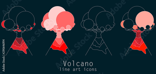 Volcano line art icons on black background. Flat style. Vector illustration
