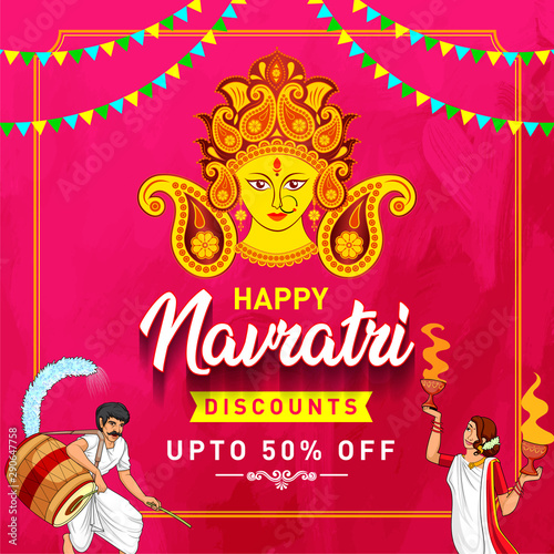 Indian Festival Celebration. Happy Navratri Discounts upto 50% Off Logo Design, Banner, Sticker, Concept, Greeting Card Template, Icon, Poster, Unit, Label, Web, Mnemonic on Festive Background Vector