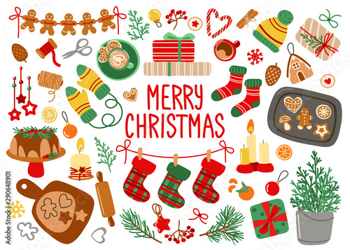 Merry Christmas card. Vector cartoon set with ginger bread and decorations