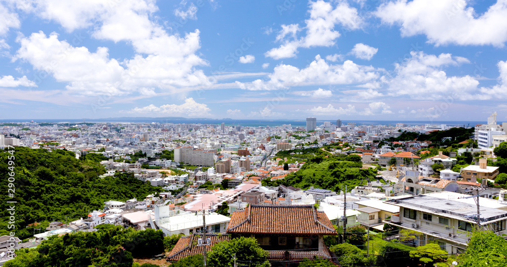 晴れた日の、琉球沖縄那覇市の街並み俯瞰-Ryukyu Okinawa Naha city overhead view, sunny day ...