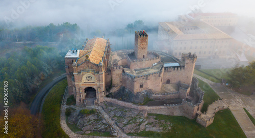 Aerial view of Castillo de Javier in fog photo