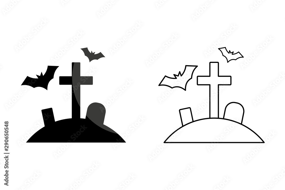 Cemetery icon. Halloween tomb with crosses. Flat style. Isolated on white background. 