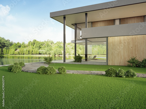 Luxury house with lake view swimming pool and terrace in modern design. Empty green grass lawn at vacation home or hotel. 3d illustration of contemporary holiday villa exterior.