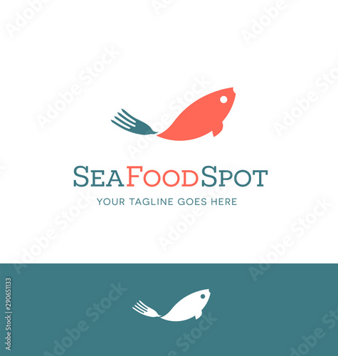 seafood logo. Fish with fork utensil shaped tail. Vector illustration.
