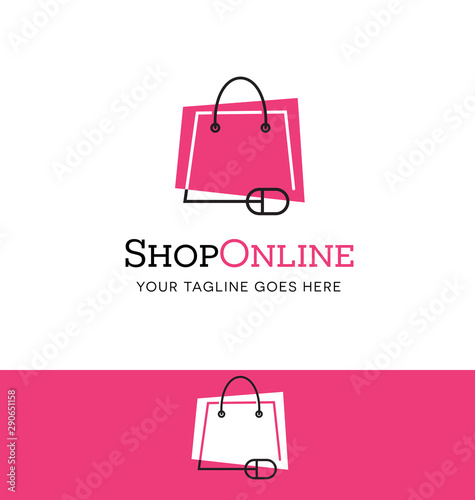 Online shopping logo. Shopping bag connected to mouse. Vector icon.