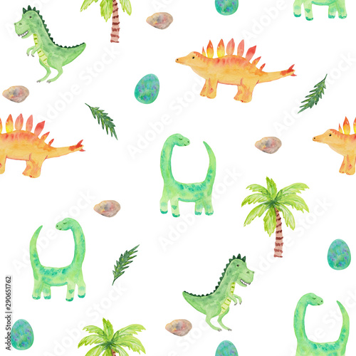 Seamless pattern with cute dinosaurs and tropical. watercolor illustration with diplodocus, brontosaurus and tyrannosaurus for prints, templates, invitations, children's clothes. © Анастасия Погуда