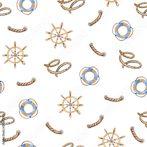 Seamless pattern with lifebuoy, helm and ropes on a white background. watercolor illustration for prints, templates, cards and posters
