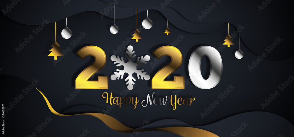 2020 Happy New Year background design with gold silver numbers on black