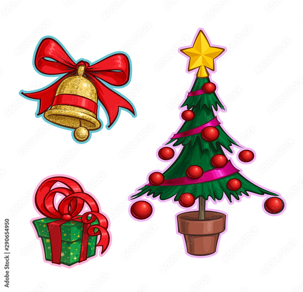 Christmas Cartoon Icon Set - Bell Gift Tree Christmas Cartoon Icon Set - Bell Gift Tree