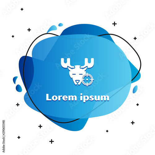 White Hunt on moose with crosshairs icon isolated on white background. Hunting club logo with moose and target. Rifle lens aiming a moose. Abstract banner with liquid shapes. Vector Illustration