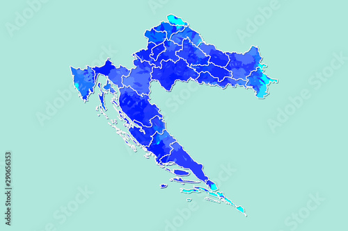 Croatia watercolor map vector illustration of blue color with border lines of different regions or counties on light background using paint brush in page