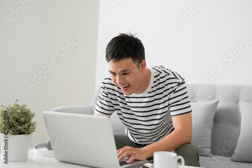 Young handsome man sitting with laptop in living room and smiling