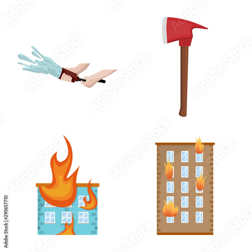Vector illustration of firefighters and fire logo. Set of firefighters and equipment stock symbol for web.