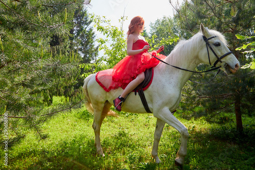 Girl in beautiful red dress on white horse in Park or forest. Photo shoot models and fashion © keleny