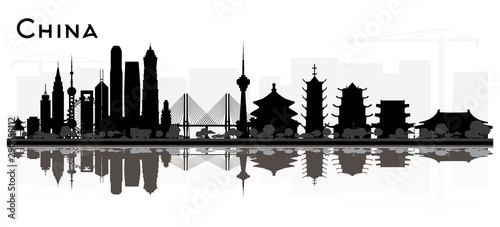 China City skyline black and white silhouette with Reflections.