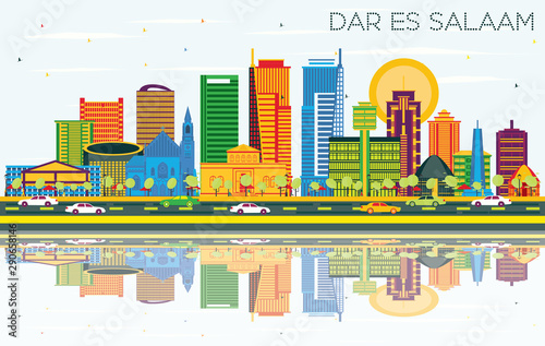 Dar Es Salaam Tanzania City Skyline with Color Buildings, Blue Sky and Reflections.