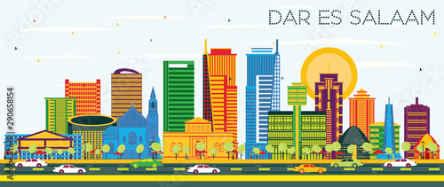Dar Es Salaam Tanzania City Skyline with Color Buildings and Blue Sky.