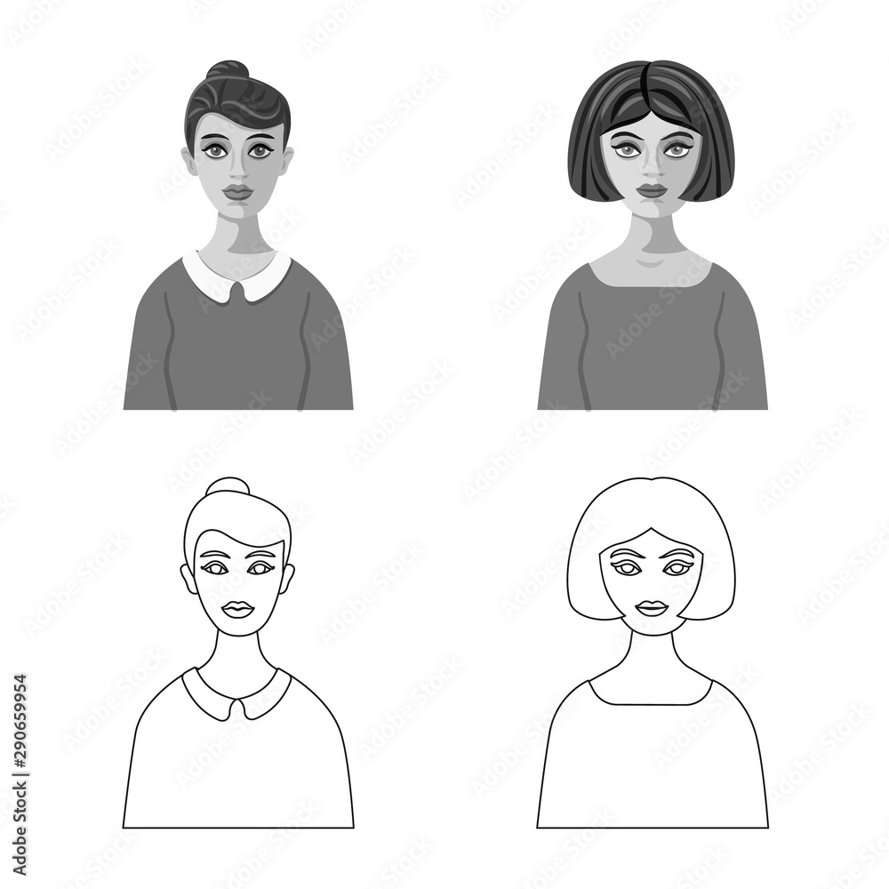 Vector illustration of hairstyle and profession sign. Set of hairstyle and character stock vector illustration. Vector illustration of hairstyle and profession sign. Set of hairstyle and character stock vector illustration.