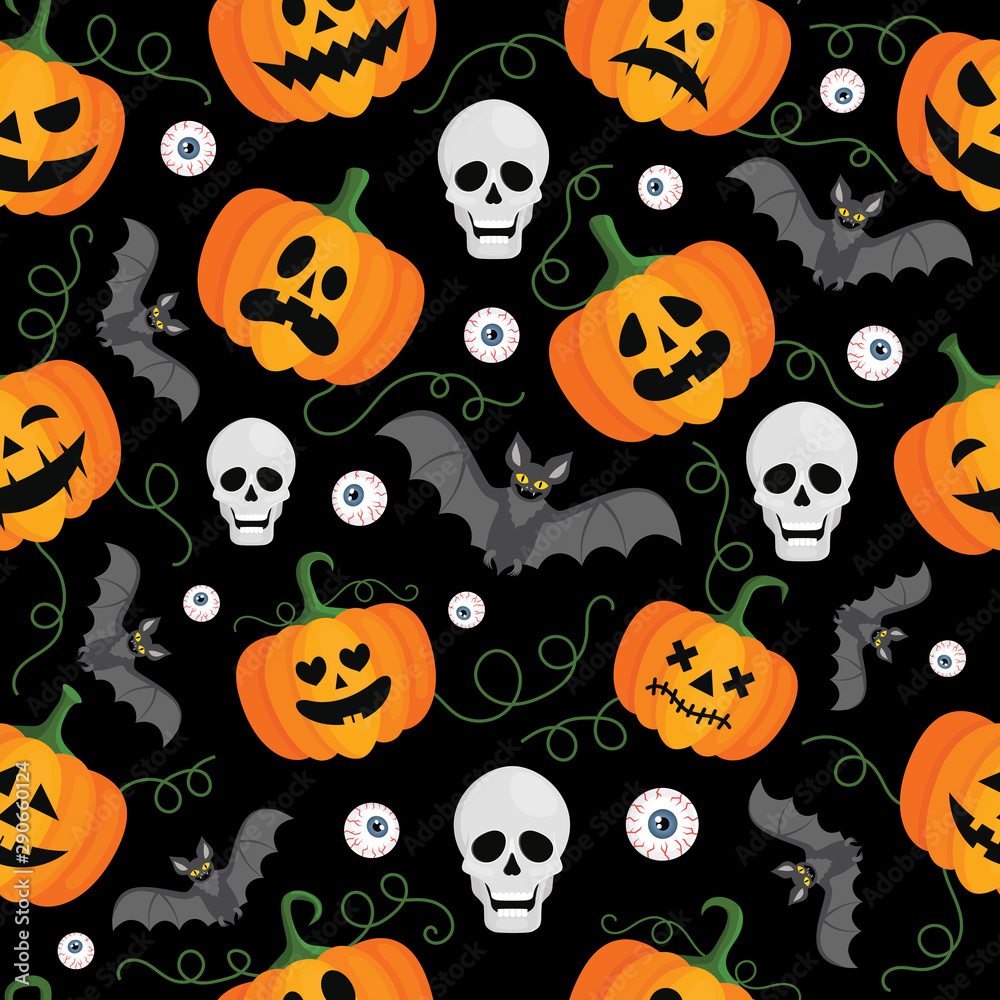Halloween seamless pattern. Pumpkins, sculls, bats and eye balls on black background. Vector Halloween seamless pattern. Pumpkins, sculls, bats and eye balls on black background. Vector