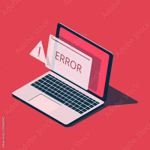 Isometric laptop with error message. photo