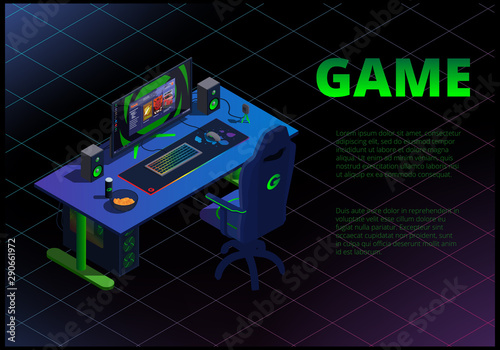 Isometric concept with gaming computer and cybersport equipment.