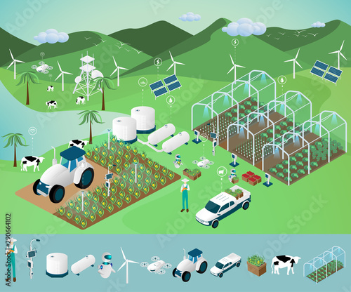 Modern agriculture technology. Smart farming concept. Human with smartphone wireless remote control. Artificial intelligence working on farm. Vector illustration in isometric design.