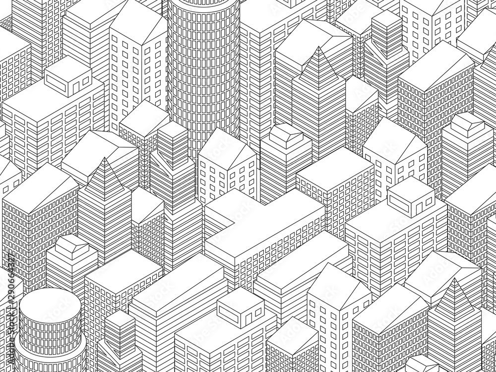 Isometric city background with skyscrapers. Offices, stores and headquarter. Vector illustration.