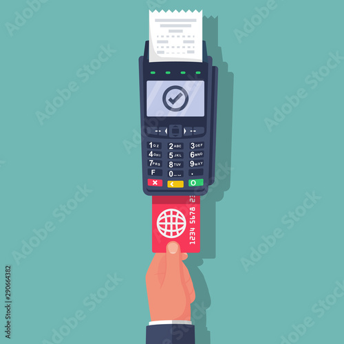 Payment terminal with keyboard . Person holds a bank card for payment through the pos terminal. Landing page financial transactions payment system. Vector illustration flat design.