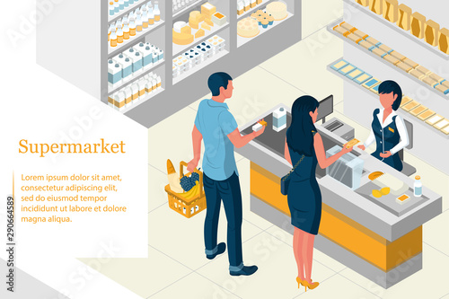 Interior isometric design of a supermarket. Shelves with products. The buyer pays for purchases. A man holds a basket full of purchases. The cashier serves consumers. Landing page.