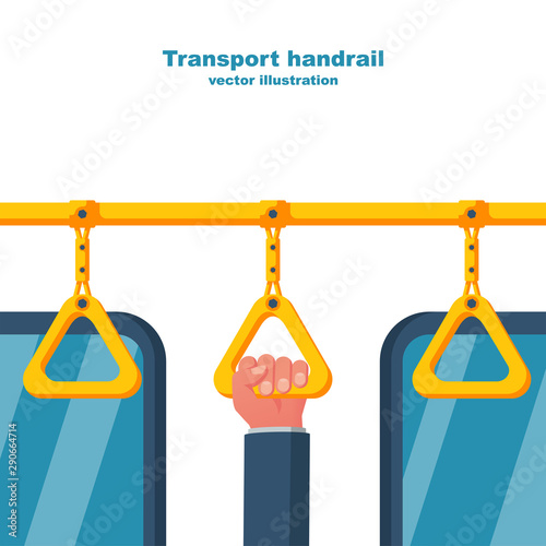 Human holds on to the handrail in public transport. Hanging yellow handle. Ceiling bracket. Handles for passengers. Grip metro or bus. Vector illustration flat design. Isolated on white background.