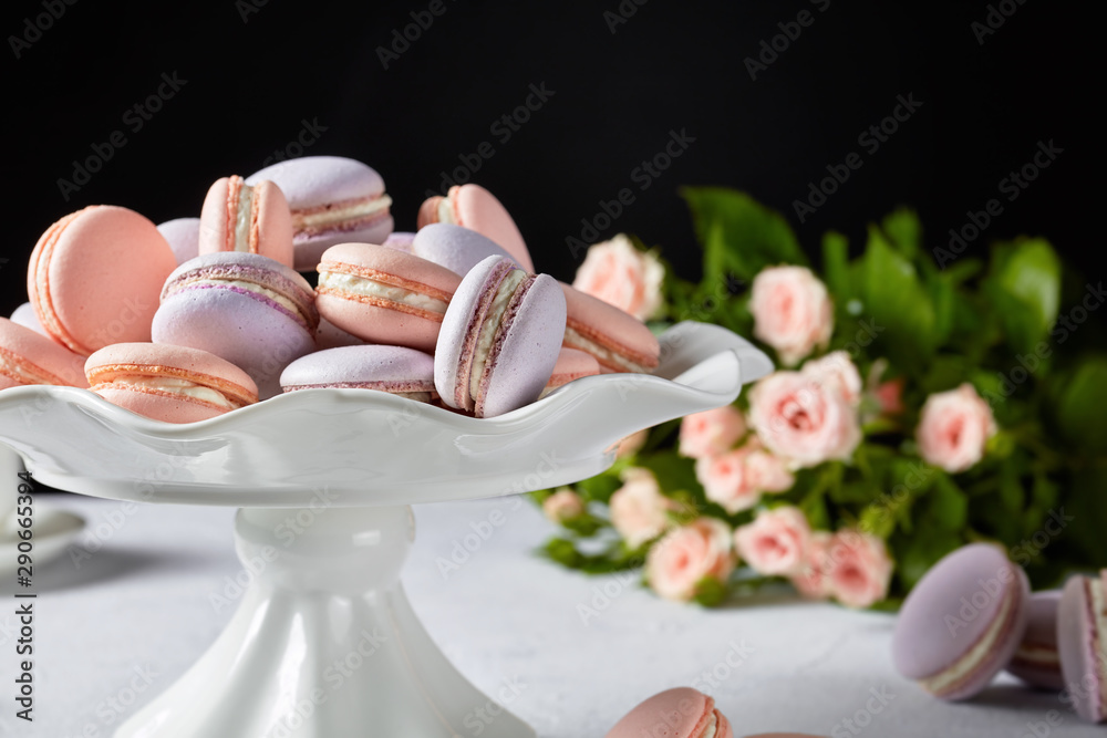 macarons on a white stand, top view