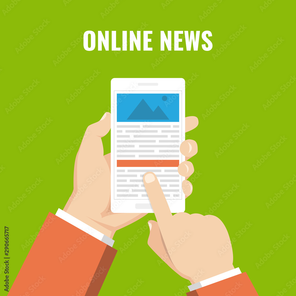Hand holding smartphone with online news on the screen. Mobile content concept. Flat vector illustration. Hand holding smartphone with online news on the screen. Mobile content concept. Flat vector illustration.