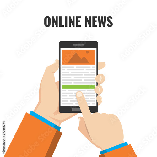 Hand holding smartphone with online news on the screen. Mobile content concept. Flat vector illustration.