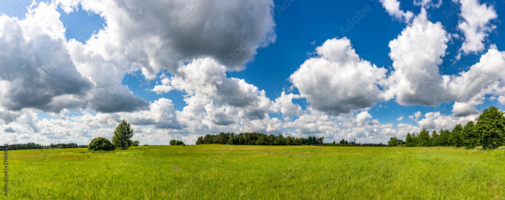 Green fields at summer day, nature landscape. Amazing sky with epic clouds.