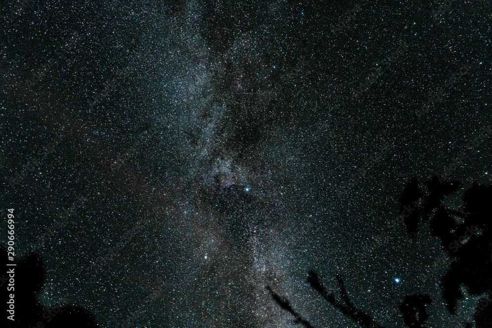 Fototapeta premium Overhead milky way with stars in clear summer night. Old barn house. Country side.