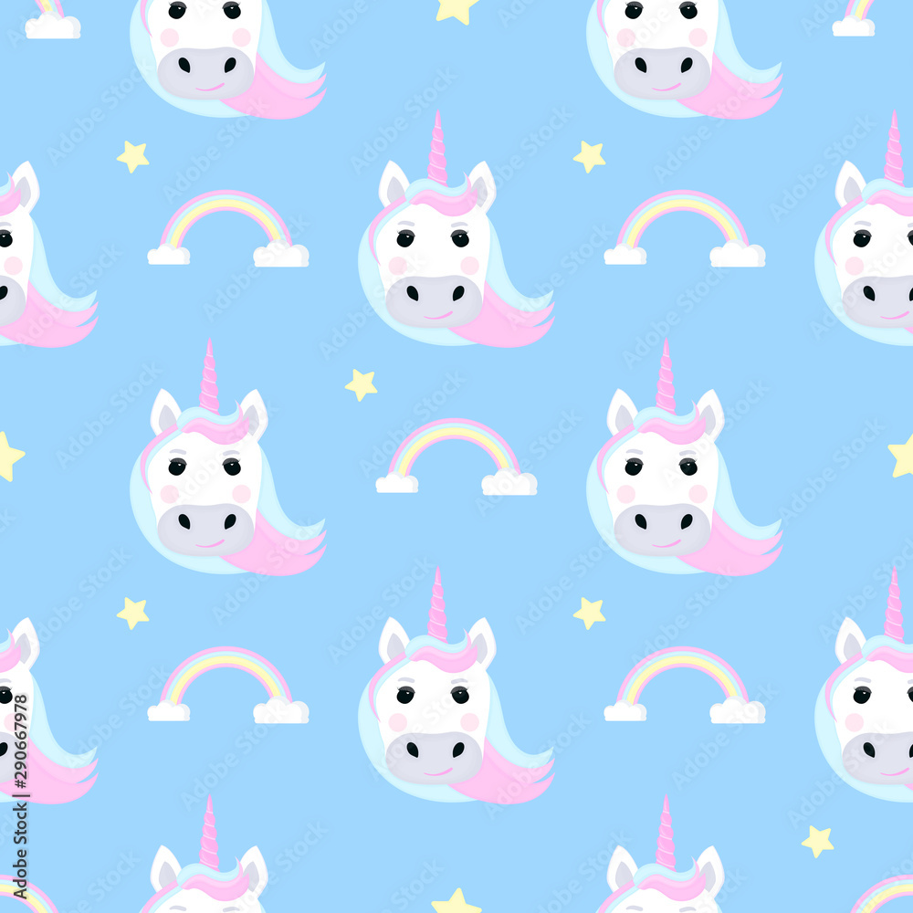 Fototapeta premium Funny unicorn and rainbow. Seamless pattern for the decoration of the nursery for a girl or boy, for the design of kids clothing, things
