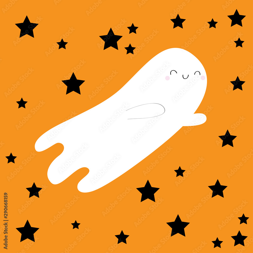 Flying ghost spirit. Black star silhouette. Happy Halloween. Boo. Scary white ghosts. Cute cartoon spooky character. Smiling face hands. Orange background Greeting card Flat design