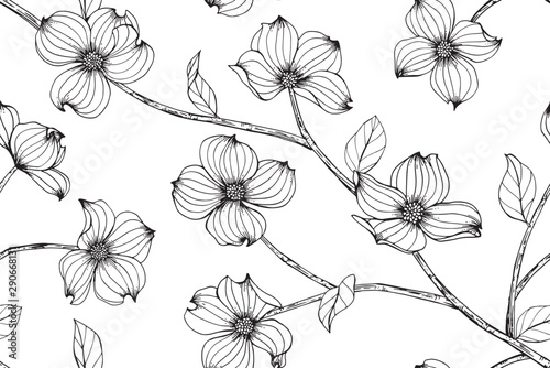 Dogwood flower and leaves pattern seamless background illustration.