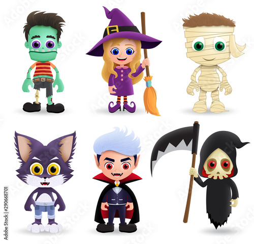 Halloween characters vector set. Halloween character creature of zombie, witch, mummy, wolf, vampire and grim reaper in 3d realistic design isolated in white background. Vector illustration.